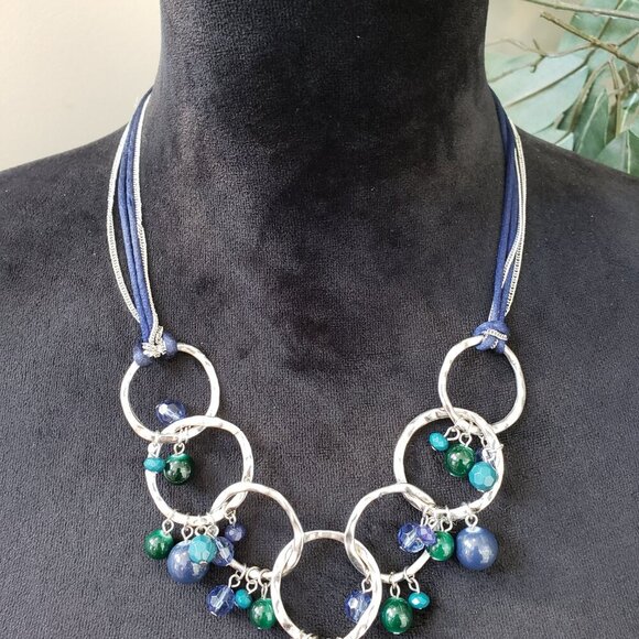 Women Silver Tone Multi Gems & Beads Circle Link V Shape Necklace with Lobster - Picture 2 of 6